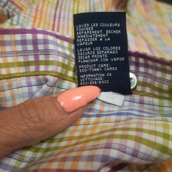 Tommy Hilfiger rainbow plaid check 80' 2 ply fabric button up flip cuff shirt XL - Picture 8 of 8